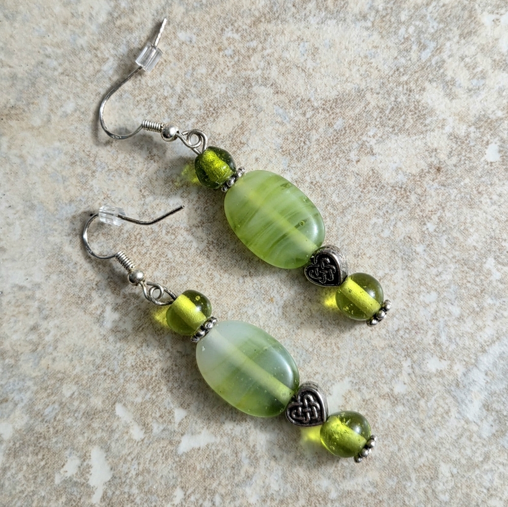 Green Glass Beaded Earrings, Celtic Earrings, St. Patrick's Day Jewelry